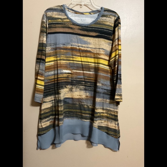 LOGO Lori Goldstein M Gray YEL,gold,striped tunic shank hem NWOT 3/4 sl,